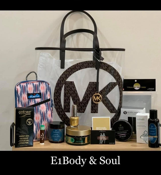 E1BODY & SOUL HOLIDAY GLAM GIVEAWAY! This gorgeous Michael Kors Tote is filled with a Kavu Essential case, Repechage skincare products, Wet Brush, OPI, Soji, Earthly Body, and many other well known beauty products!   